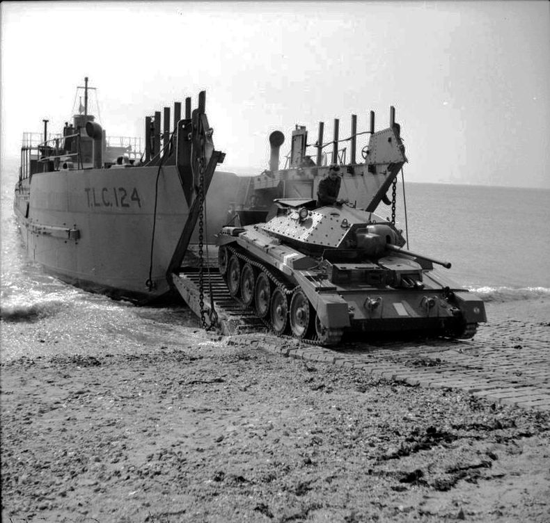 A Crusader I tank emerges from the tank landing craft TLC 124 26 April 1942