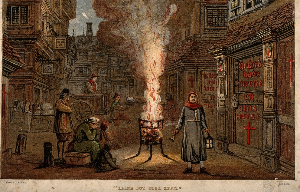תחריט עץ צבעוני של אדמונד אוונס המתאר את לונדון במגפה הגדולה של 1666-1665   מקור: ויקיפדיה