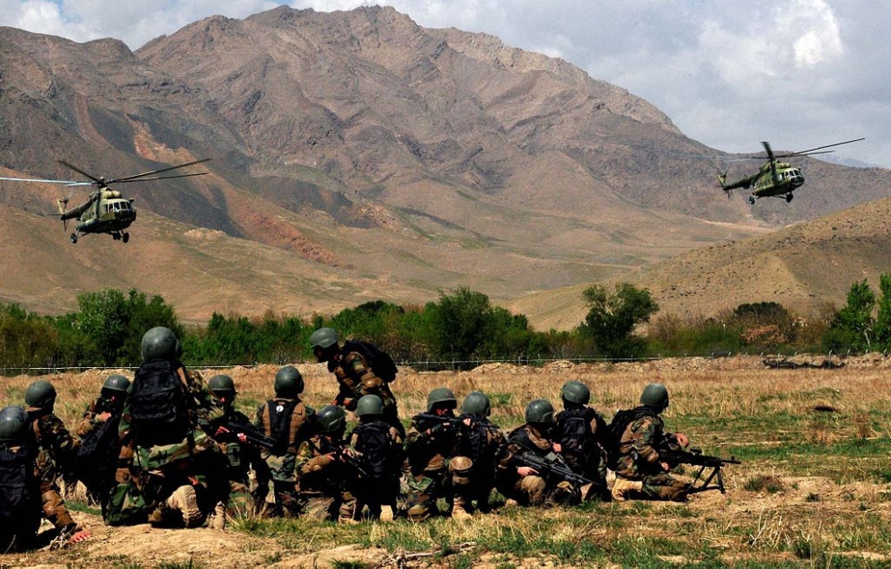 Afghan commandos wait for two Mi 17 helicopter training exercise 2010 David Quillen