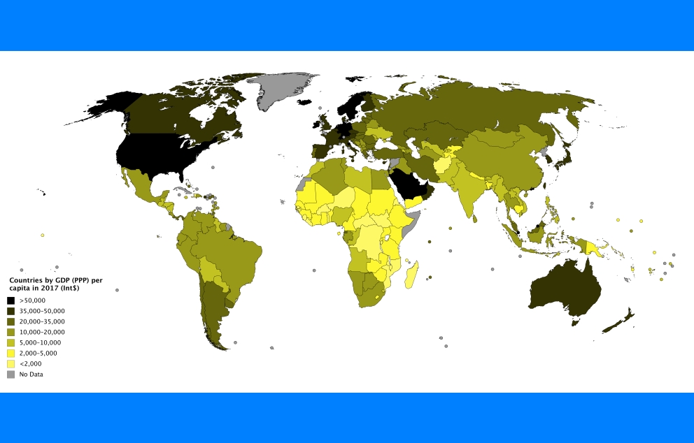 מדינות העולם לפי תוצר מקומי גולמי לנפש מותאם לשווי כוח הקנייה (PPP) בשנת 2017   מקור: ויקיפדיה