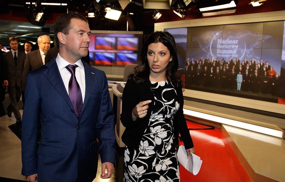 Former President of Russia Dmitry Medvedev visits RT offices with Editor in Chief Margarita Simonyan in April 2010