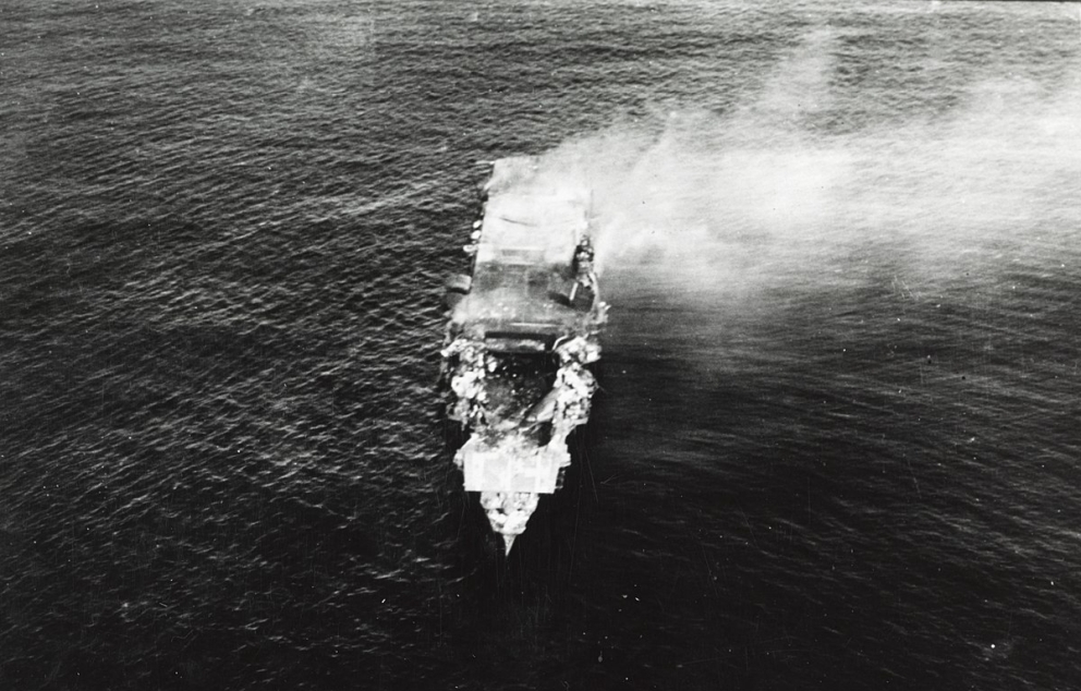 Japanese aircraft carrier Hiryu adrift and burning on 5 June 1942