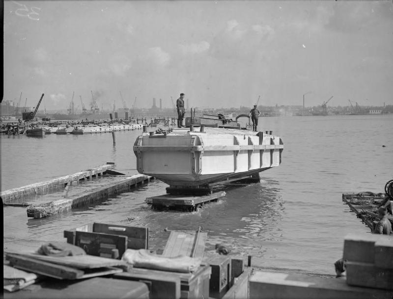 Mulberry Harbour Launching of a concrete float Beetle E. E. Allen
