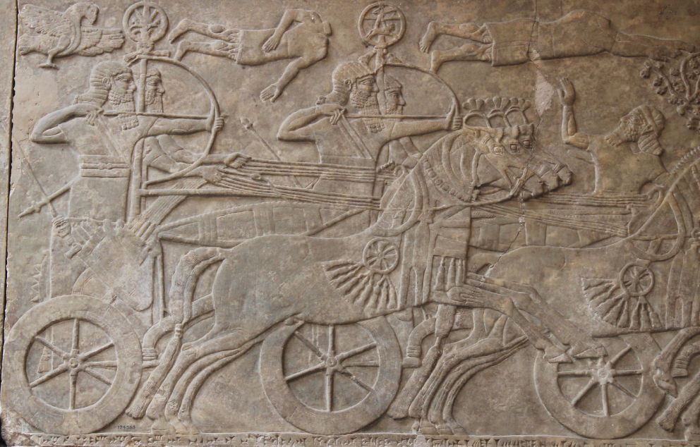 חיל מרכבות אשורי, תקופת אשורנצירפל השני (854-883 לפני הספירה), תבליט מארמון נמרוד המוצג במוזיאון הבריטי   מקור: פליקר (גארי טוד)