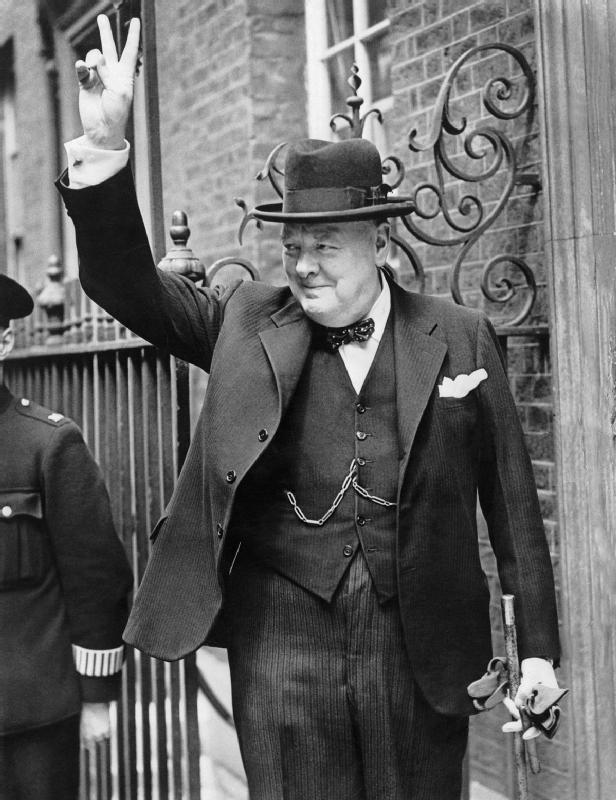 Winston Churchill British prime minister giving a V sign in 1943