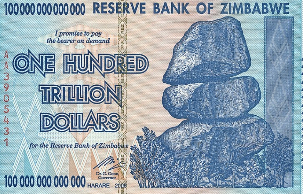 שטר של 100 טריליון דולר זימבבואי משנת 2009   מקור:ויקיפדיה (הבנק המרכזי של זימבבואה)
